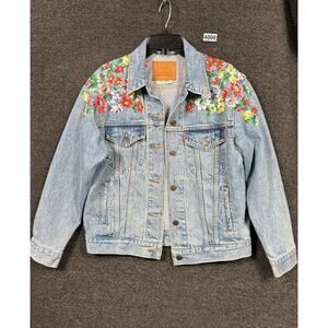 Levi's Premium Jacket BiG E Womens M Blue Denim Floral Embroidered Trucker Coat